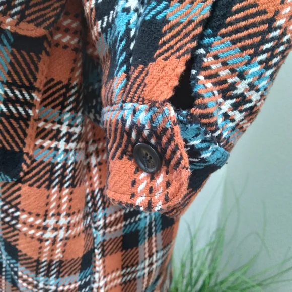 ZARA Men's Orange/Black Plaid Print Knit Long Sleeve Button Down Flannel-Size M - Picture 4 of 11